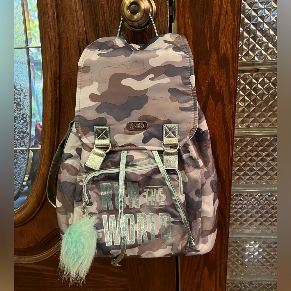 Justice backpack camo grey mint green inside
